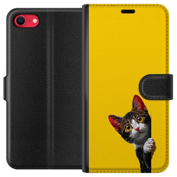 Kompatibel Tegnebogsetui til Apple iPhone 7 Sød kat, der kigger ud mod gul minimalistisk baggrund gul