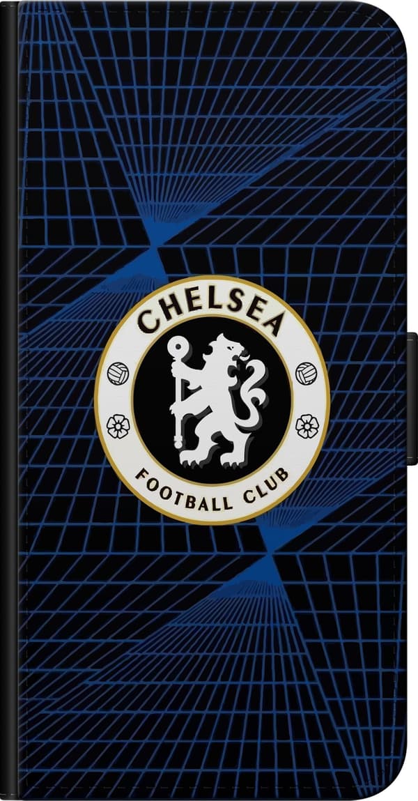 Kompatibel Tegnebogsetui til OnePlus 9 Pro Fodboldemblem med løve og blå geometriske linjer mod sort baggrund blå