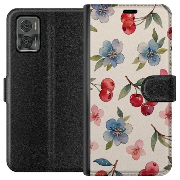 Motorola Moto E22i Lompakkokotelo Marjat & Kukat - kuvio, jossa on sinisiä kukkia ja metsänmarjoja