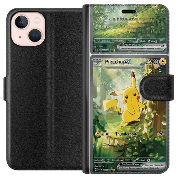 Kompatibel Tegnebogsetui til Apple iPhone 13 mini Pikachu grøn