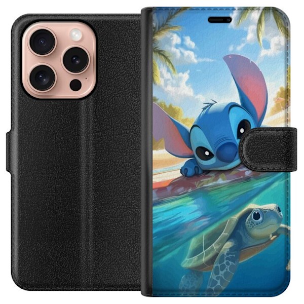 Apple iPhone 16 Pro Tegnebogsetui Stitch med skildpadde - sød blå alien i tropisk strandmiljø fra Disney