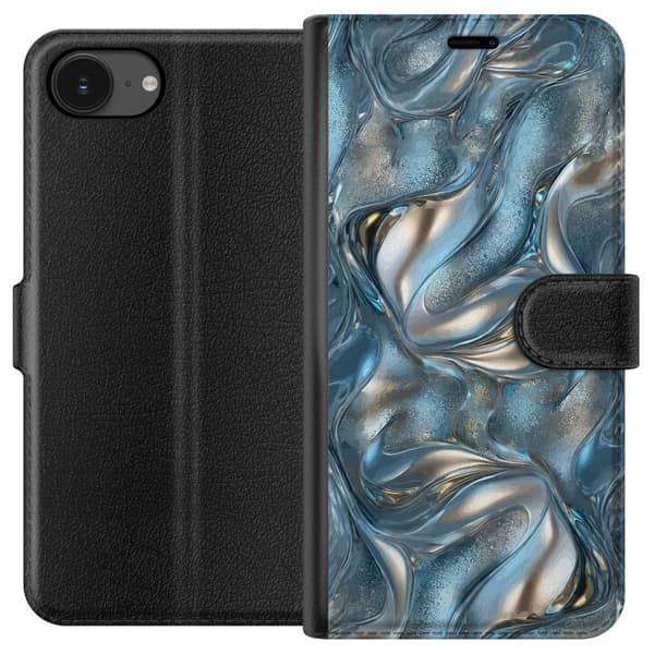 Kompatibel Tegnebogsetui til Apple iPhone 17e Abstrakt flydende krom i sølv og blå metallisk effekt sølv