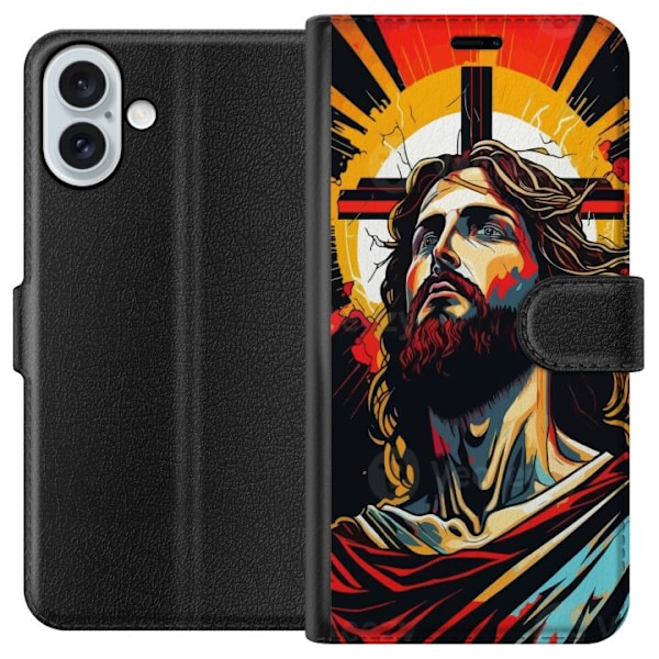 Apple iPhone 16 Plus Plånboksfodral Jesus & Kort – religiöst motiv med djup symbolik