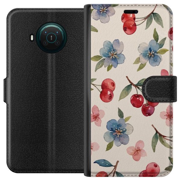 Nokia X10 Plånboksfodral Bär & Blommor – mönster med blå blommor och skogsbär