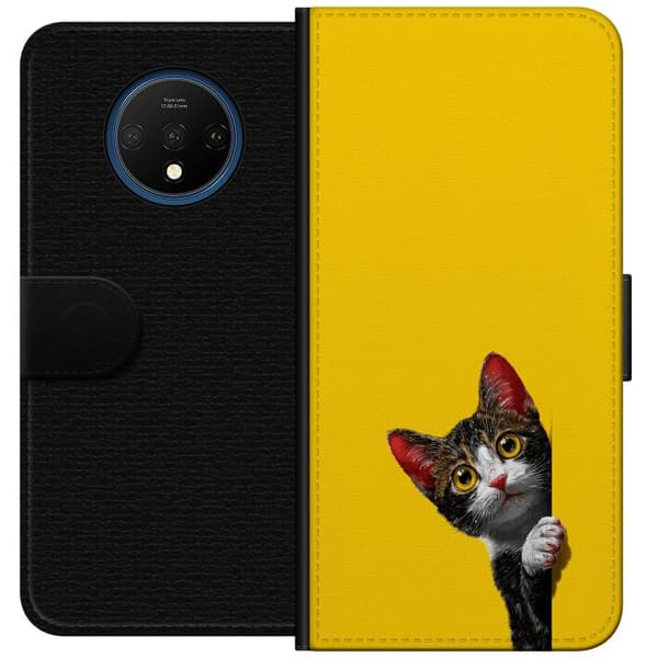 Kompatibel Tegnebogsetui til OnePlus 7T Sød kat, der kigger ud mod gul minimalistisk baggrund gul