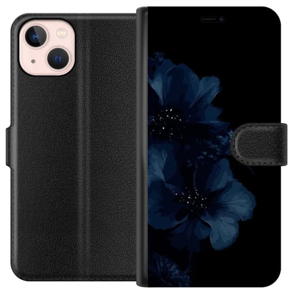 Kompatibel Tegnebogsetui til Apple iPhone 13 Elegant blomstermotiv med mørkeblå blomster og glitrende detaljer på sort baggrund blå