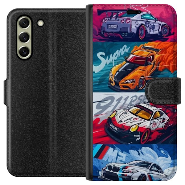 Samsung Galaxy S21 FE 5G Lompakkokotelo Nopeat Autot - Piirretty Kuvio Toiminnalla