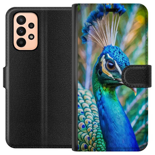 Samsung Galaxy A23 Plånboksfodral Påfågel Fjädrar Färgstark Design Fågelmotiv Exotiskt Grafiskt Motiv Natur Lyxig Dekoration