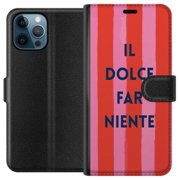 Kompatibel Tegnebogsetui til Apple iPhone 12 Pro Teksten Il Dolce Far Niente i mørkeblåt mod håndmalede rosa og røde striber pink