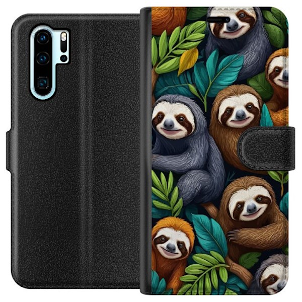 Huawei P30 Pro Tegnebogsetui Sengångarstil - afslappet motiv med sød dovendyr