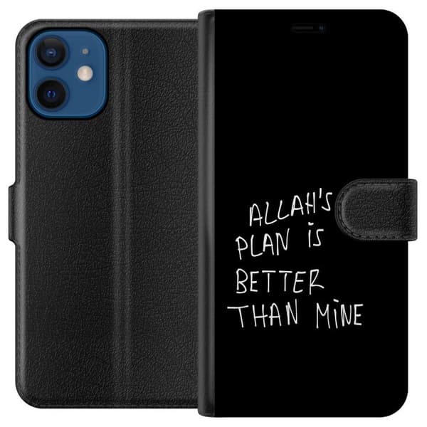Kompatibel Tegnebogsetui til Apple iPhone 12 mini Allahs plan er bedre end min, sort-hvidt tekstdesign med et islamisk citat og minimalistisk udtryk sort