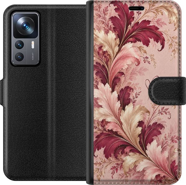 Kompatibelt Plånboksfodral till Xiaomi 12T Pro Vinrött bladverk rosa