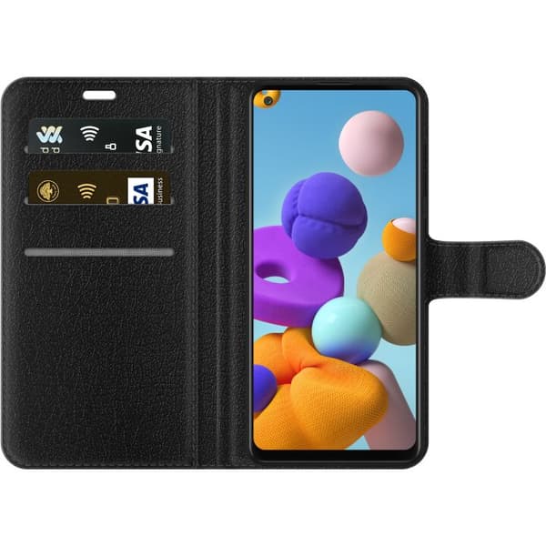 Kompatibel Tegnebogsetui til Samsung Galaxy A21s Søde lyserøde og blå katte, der krammer i sneklædt vinterlandskab blå