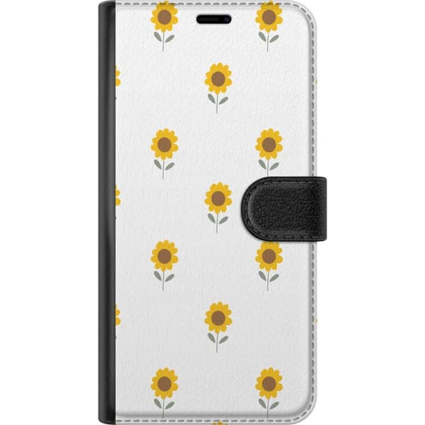 Kompatibelt Lommeboketui til Xiaomi Redmi Note 11 Pro 5G Hvitt mønster med gule solsikker, brune midtpartier og grønne blader hvit