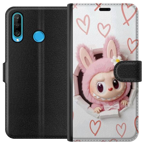 Huawei P30 lite Plånboksfodral Labubu Hjärtbakgrund Pop Mart Kärlek Tema Figur Design Populärt Motiv Samlarfigur Art Toy Serie