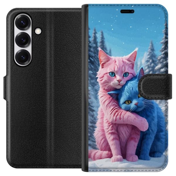 Kompatibel Tegnebogsetui til Samsung Galaxy S26 Søde lyserøde og blå katte, der krammer i sneklædt vinterlandskab blå