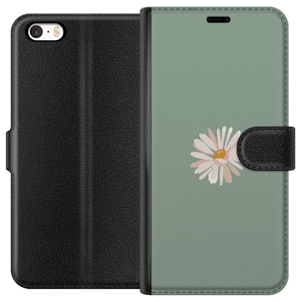 Apple iPhone 5 Lompakkokotelo Vihreä Minimalikukka - tyylikäs kukka vihreällä taustalla