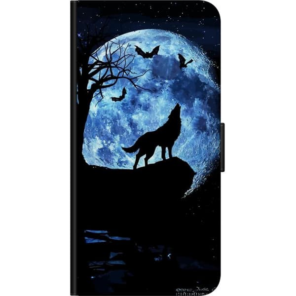 Kompatibelt Plånboksfodral till Samsung Galaxy Note20 Siluett av ylande varg framför stor blå fullmåne med fladdermöss och träd blå