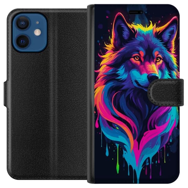 Kompatibel Tegnebogsetui til Apple iPhone 12 Regnbueulvekunst i farverig Neon Splash-stil