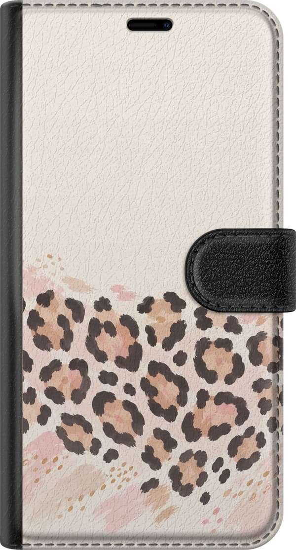 Kompatibel Tegnebogsetui til Apple iPhone SE (2016) Leopardmønster i beige og rosa – Sorte og brune leopardpletter med lyserøde og beige penselstrøg beige