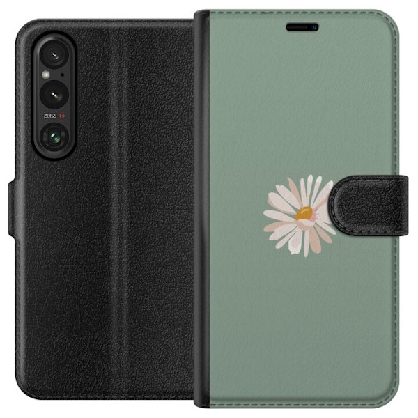 Sony Xperia 1 V Plånboksfodral Grön Minimalblomma – stilren blomma på grön bakgrund