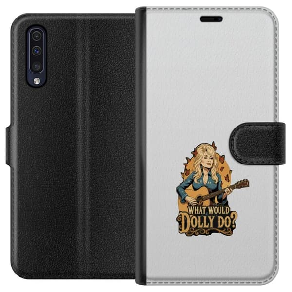 Kompatibelt Plånboksfodral till Samsung Galaxy A50 Dolly Parton med gitarr och fjärilar grå