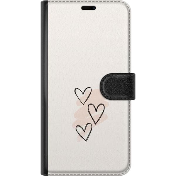 Kompatibel Tegnebogsetui til Apple iPhone 18 Tre håndtegnede sorte hjerter med lyserøde penselstrøg på lys baggrund, romantisk motiv beige