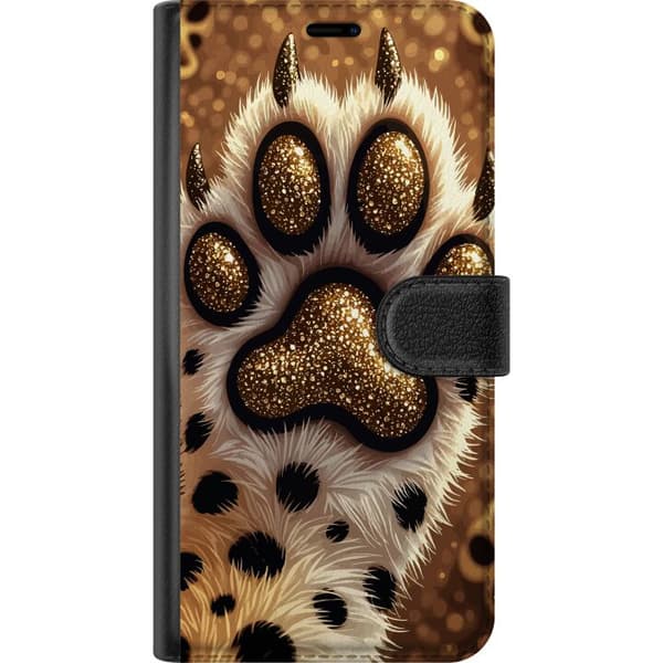 Kompatibel Tegnebogsetui til Apple iPhone 12 Glitrende gylden hundepote med pels og leopardmønster på glitrende baggrund