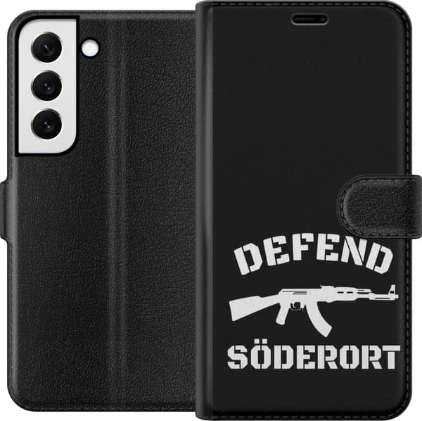 Kompatibel Tegnebogsetui til Samsung Galaxy S22 5G Sort Söderort - hvidt områdeslogan og hvid våbensilhuet på sort baggrund sort