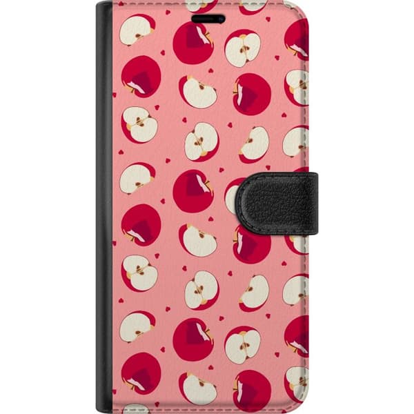 Kompatibelt Lommeboketui til Google Pixel 10 Pro Røde epler, epleskiver og små hjerter på rosa bakgrunn, lekent fruktmønster rosa