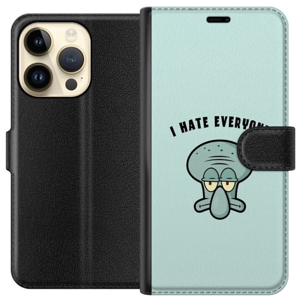Kompatibel Tegnebogsetui til Apple iPhone 15 Pro Tegnet utilfreds blækspruttefigur med teksten I Hate Everyone på lyse turkis baggrund blå