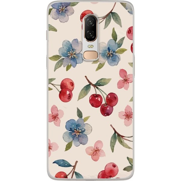 OnePlus 6 Gjennomsiktig deksel Bær & Blomster - mønster med blå blomster og skogsbær
