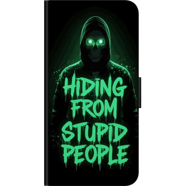 Kompatibel Tegnebogsetui til Samsung Galaxy Note20 Mørkt motiv med hætteklædt kranium, lysende grønne øjne og tekst sort