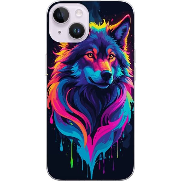 Kompatibelt Mobildeksel til Apple iPhone 14 Regnbueulvekunst i fargerik Neon Splash-stil