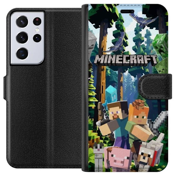 Samsung Galaxy S21 Ultra 5G Lompakkokotelo Minecraft-matkapuhelinkotelo metsällä ja pikselityylisillä hahmoilla
