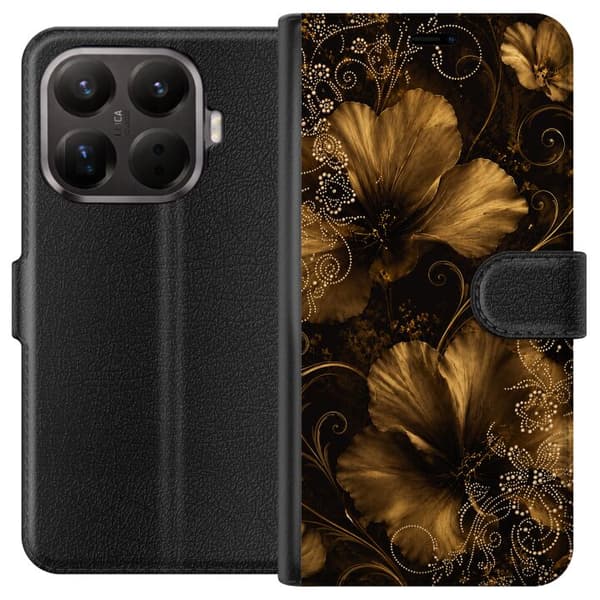 Kompatibelt Plånboksfodral till Xiaomi 15 Guldfärgade blommor guld