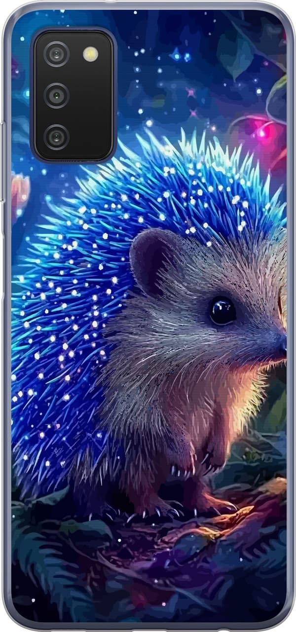 Kompatibelt Mobildeksel til Samsung Galaxy A03s Pinnsvin med blålysende pigger blant planter og stjernelignende lyspunkter blå