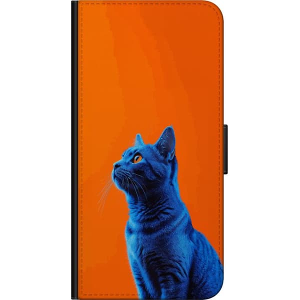 Kompatibel Tegnebogsetui til OnePlus 9 Pro Blå kat med orange baggrund i moderne popkunststil blå