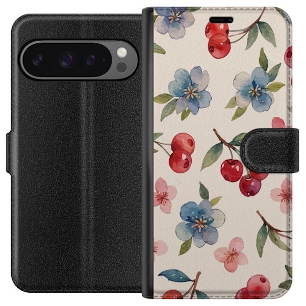 Google Pixel 9 Pro XL Tegnebogsetui Bær & Blomster - mønster med blå blomster og skovbær