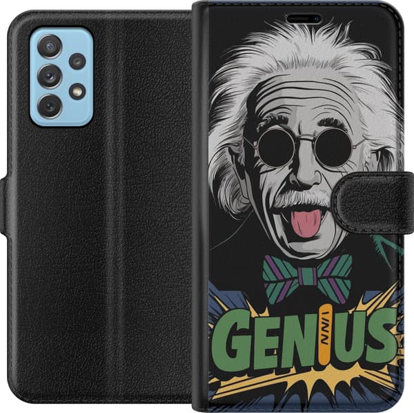 Kompatibel Tegnebogsetui til Samsung Galaxy A72 5G Tegnet Albert Einstein med solbriller, udstrakt tunge og grøn Genius-tekst sort