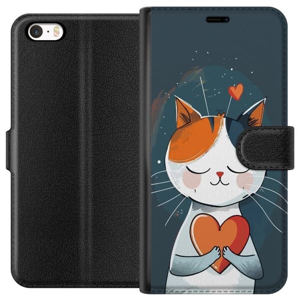 Kompatibel Tegnebogsetui til Apple iPhone 5 Sød illustreret kat, der holder et orange og rødt hjerte mod mørkeblå baggrund blå