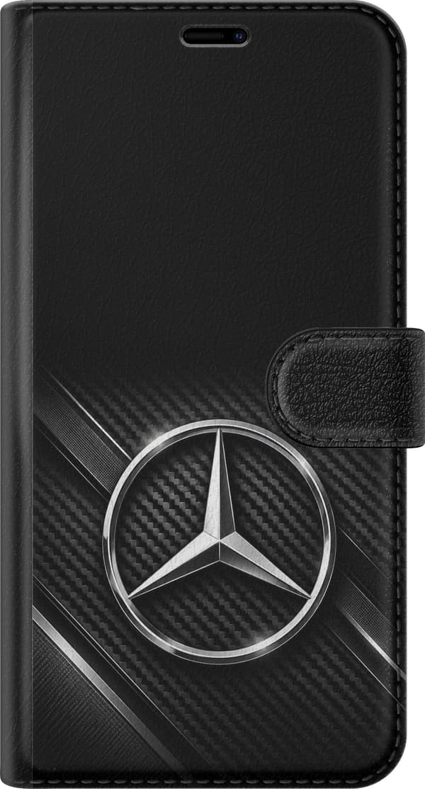 Kompatibel Tegnebogsetui til Apple iPhone 7 Plus Mercedes – Sort stjernesymbol – Lys tretakket stjerne inde i en rund ring, med grå diagonale linjer sort