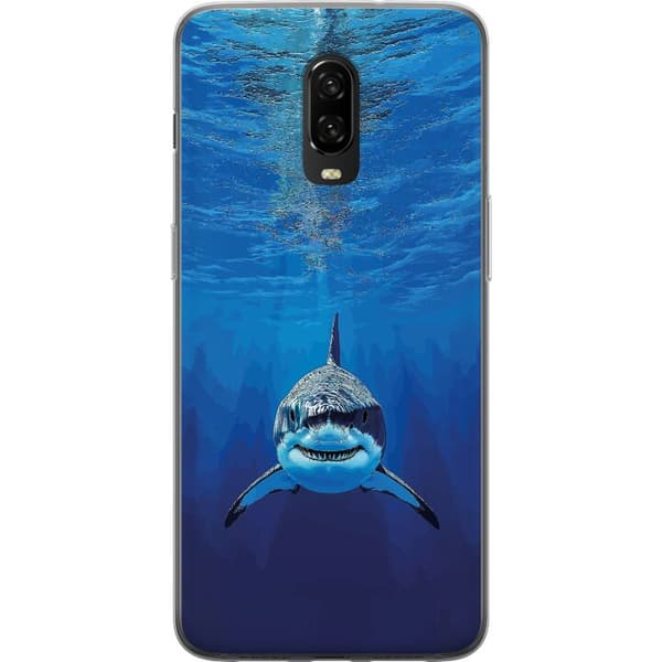 Kompatibelt Mobilskal till OnePlus 6T Närbild av en vithaj under vattnet blå