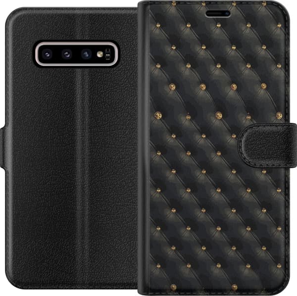 Kompatibel Tegnebogsetui til Samsung Galaxy S10+ Sort geometrisk diamantmønster med små guldfarvede dekorative detaljer sort