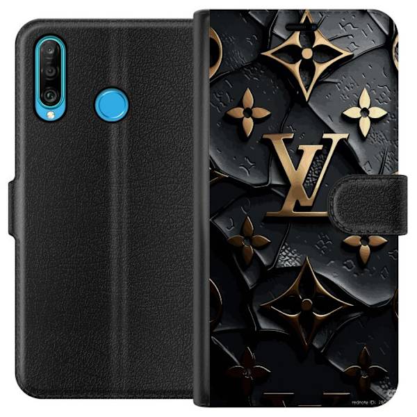 Huawei P30 lite Tegnebogsetui Louis Vuitton Mørk Tilstand Design Sort Luksus Stil Mode Populær Grafisk Mønster Modeikon Luksusmærke
