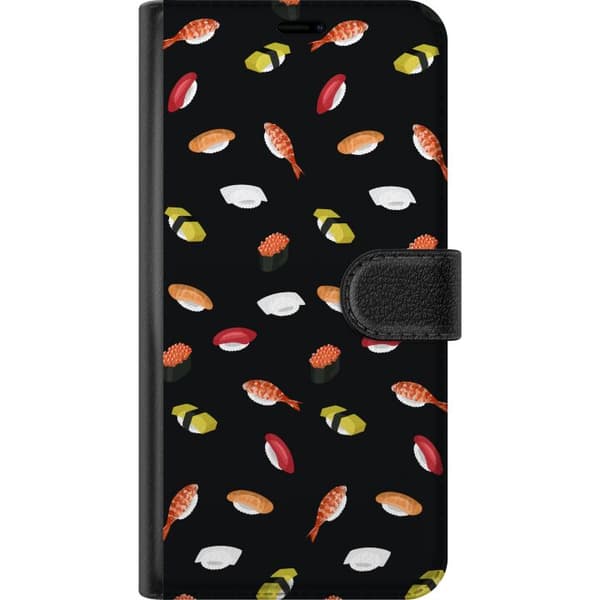 Kompatibel Tegnebogsetui til Xiaomi Redmi 9A Mønster med sushi, nigiri, rejer og rogn mod sort baggrund sort