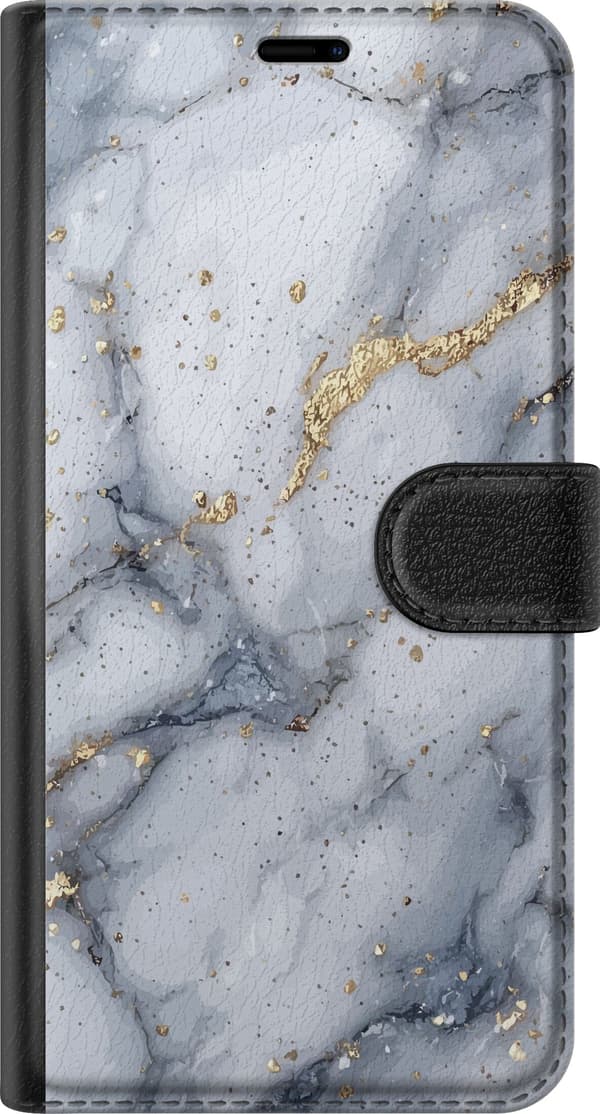 Kompatibelt Plånboksfodral till Apple iPhone 16 Plus Vit och grå marmor med eleganta ådringar, guldsprickor och skimrande detaljer vit