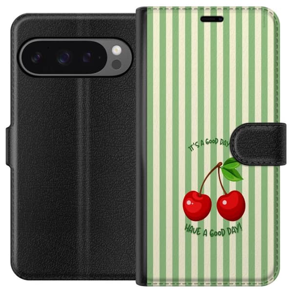 Kompatibel Tegnebogsetui til Google Pixel 9 Pro XL Hjerteformede kirsebær med stribet grøn baggrund grøn