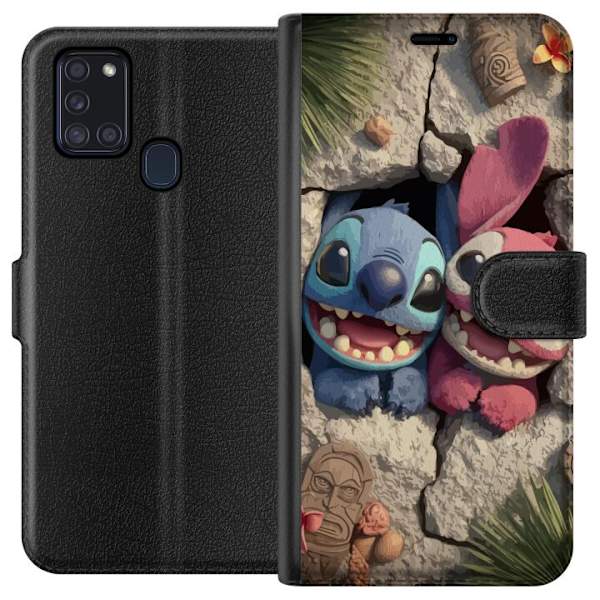 Samsung Galaxy A21s Plånboksfodral Stitch Angel Lilo & Stitch Motiv Disney Kärlek Seriefigur Populär Blå Alien Rolig Disneyfilm
