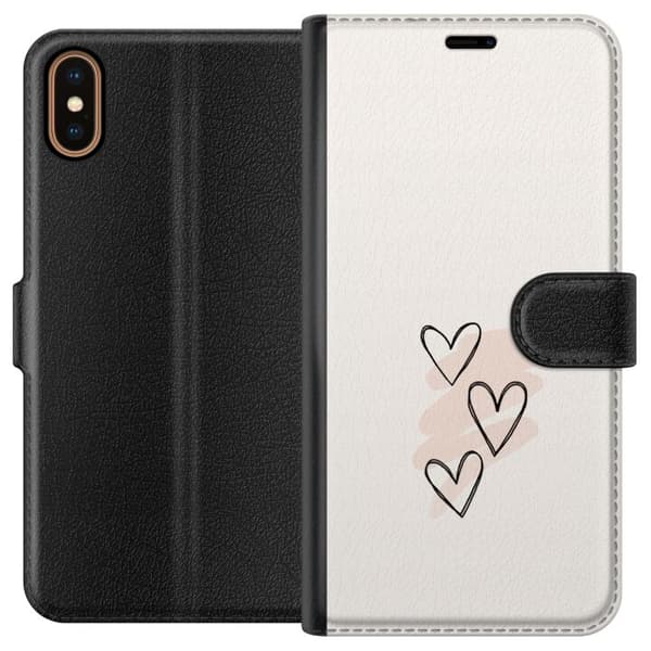 Kompatibel Tegnebogsetui til Apple iPhone XS Tre håndtegnede sorte hjerter med lyserøde penselstrøg på lys baggrund, romantisk motiv beige